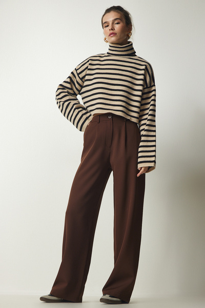 Happiness İstanbul Γυναικείο υφαντό παντελόνι καφέ πλισέ UB00188