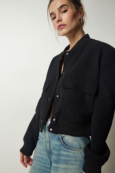 Happiness İstanbul Γυναικείο Μπουφάν Bomber Black Wide Pocket FN03041