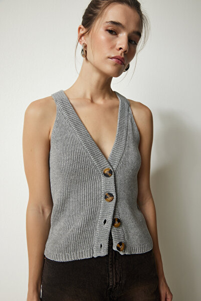 Happiness İstanbul Dámská šedá úpletová vesta s knoflíkem a ohlávkou FN03118