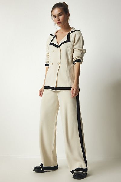Happiness İstanbul Women's Cream Stripe Detailed Stylish Cardigan Trousers Knitwear Set PF00028