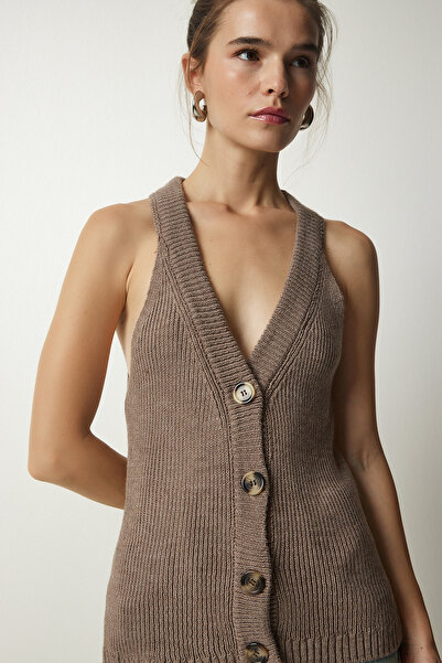 Happiness İstanbul Dámská úpletová vesta s límečkem s límečkem Mink Halter YY00179