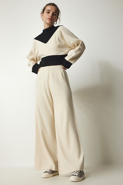 Happiness İstanbul Women's Cream Block Color Pullover Pants Stylish Knitwear Suit CI00089