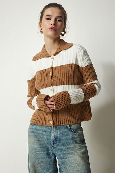 Happiness İstanbul Damen-Strickjacke mit Polokragen und Knöpfen in Keksknochen-Optik US00916