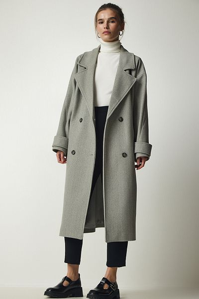 Happiness İstanbul Woman's Gray Double-breasted Collar Belted Oversize Eyebrow Coat TO00115