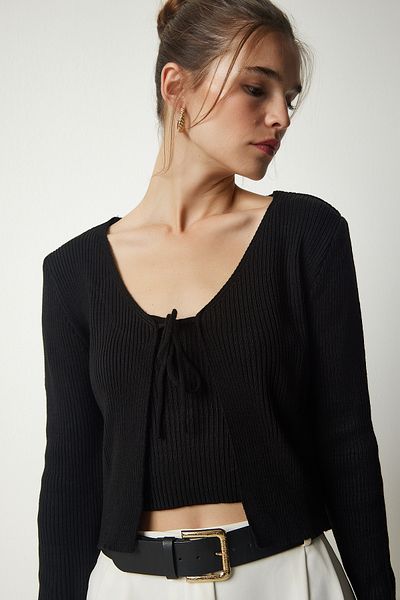 Happiness İstanbul Жіночий чорний ребристий светр з кардиганом MT00143