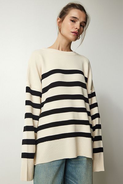 Happiness İstanbul Pulover oversize din tricot cu dungi negre Bone pentru femei YY00182