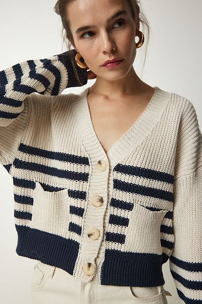 Happiness İstanbul Women's Beige Navy Blue Striped Knit Cardigan MC00237