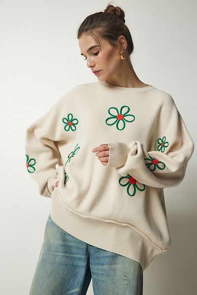Happiness İstanbul Hanorac oversize pentru tricotaje cu broderie florală crem DD01262