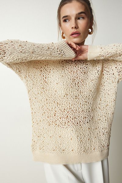 Happiness İstanbul Pulover din tricot curbat, crem, elegant, cu perle PF00025