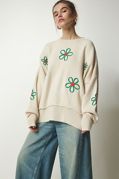 Happiness İstanbul Hanorac oversize pentru tricotaje cu broderie florală crem DD01262