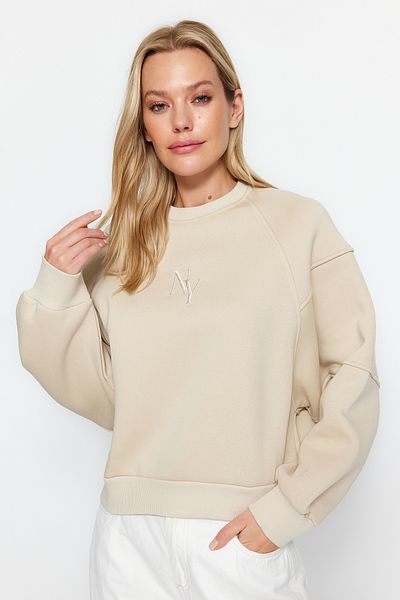 Trendyol Collection Трикотажен суитшърт с плътно поларено покритие с обикновена кройка и плътно деколте от камък TWOAW24SW00199