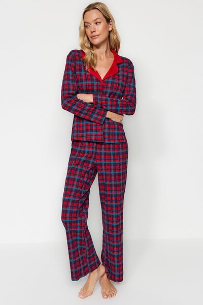 Trendyol Collection Premium Red 100% Cotton Plaid Shirt-Pants Knitted Pajamas Set Thmaw24Pt00226