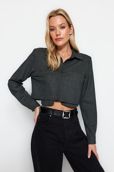 Trendyol Collection Cămașă țesută crop cu buzunar asimetric, antracit TWOAW24GO00225