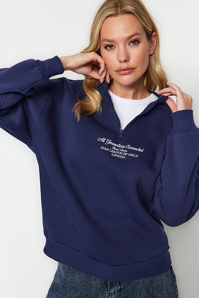 Trendyol Collection Námořnická modrá Tlustý fleece uvnitř se stojáčkem na zip Oversize/Wide Fit Pletená mikina TWOAW24SW00127