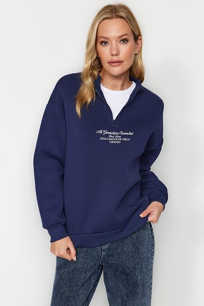 Trendyol Collection Námořnická modrá Tlustý fleece uvnitř se stojáčkem na zip Oversize/Wide Fit Pletená mikina TWOAW24SW00127