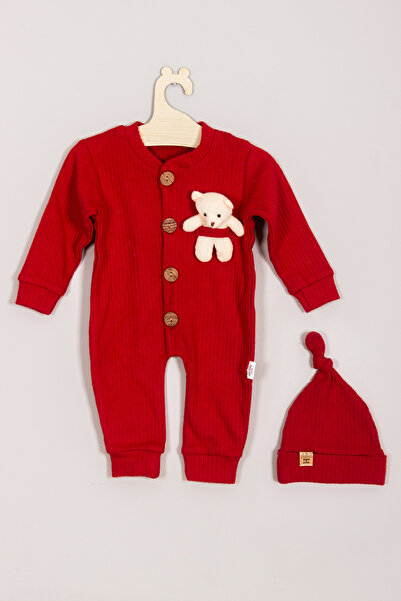 ADABEBEK 100% Cotton Wooden Buttoned Teddy Bear Jumpsuit with Corded Hat
