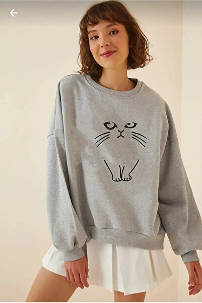 Surprise tekstil Hanorac gri cu imprimeu pisică unisex pisică gri