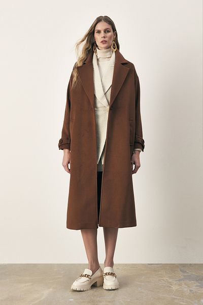 Sateen Sleeve Belt Detailed Loose Coat - Brown