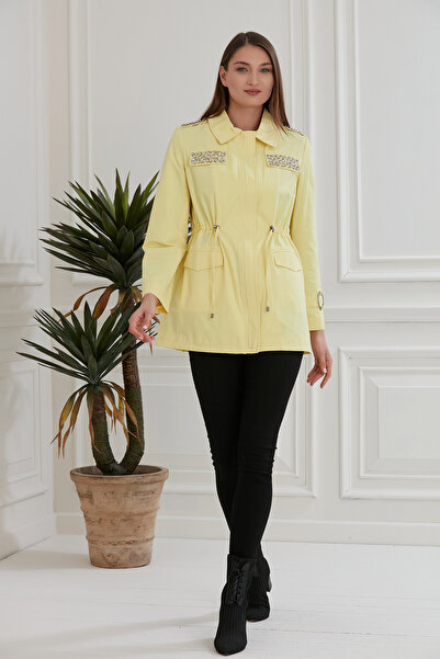 Trenç Boncuk İşleme Detaylı Kadın Trençkot