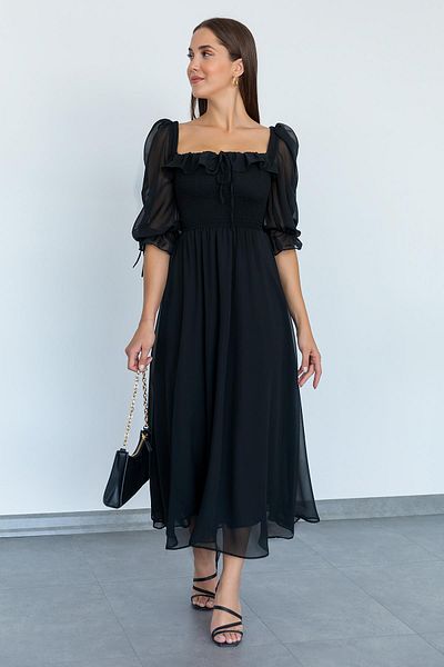 vuvutasarım Chiffonstoff, gerüscht, elastisch, kurze Ärmel, Midilänge, quadratischer Kragen, schwarzes Chiffon-Abendkleid 087