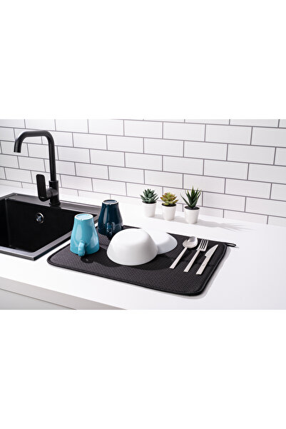 HOMELKA Mikrotex Bulaşık Matı Süper Emici Bulaşık Kurutma Matı 45x36cm Tezgah Üstü Bulaşık Matı Siyah