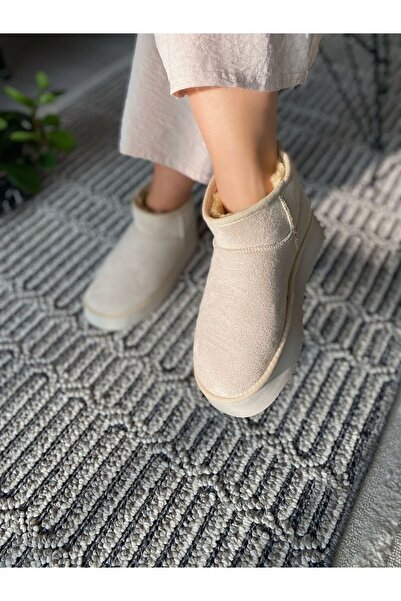 TRODONS Ultra Mini Süet Yarım Bot Düz ve Yüksek Taban İçi Kürklü Kadın Bot Ayakkabı