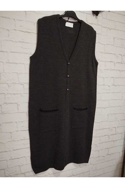 anne moda ankara winter, 1st quality steel, acrylic knitted, 2 pockets, 3 buttons, V-neck extra long knitwear vest