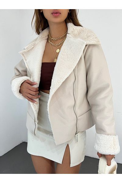 LB Laluna Butik Γυναικείο δερμάτινο μπουφάν Biker με λεπτομέρεια γιακά και μανσέτα και γούνα εσωτερικά