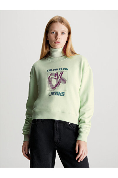 Calvin Klein Kadın Marka Logolu Uzun Kollu Rahat Su Yeşili Sweatshirt J20J222...