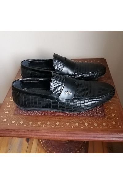 Butik Tülin Unisex genuine leather black croco print banded sides rubberized hard thin puree rubber sole loafer