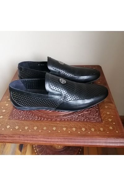 Butik Tülin Unisex Genuine Leather Black Staple Hole Airy Sides Rubberized Hard Thin Pure Rubber Sole Loafer
