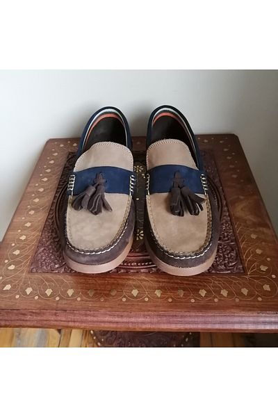 Butik Tülin Unisex genuine leather nubuck coffee beige dark blue combination banded pom pom very soft rubber sole loafer