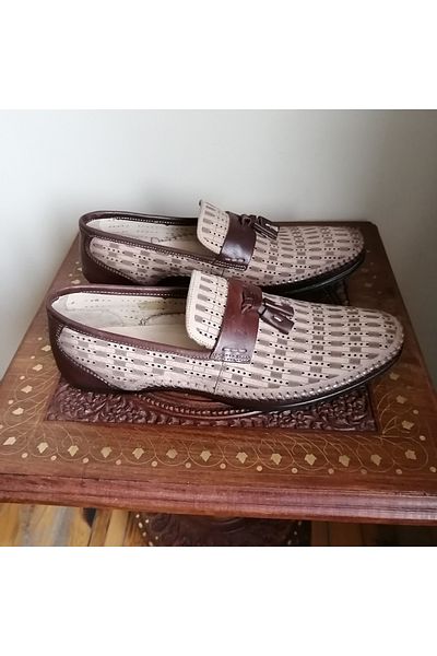 Butik Tülin Unisex genuine leather nubuck beige coffee printed perforated pom pom very soft non-slip rubber sole loafer