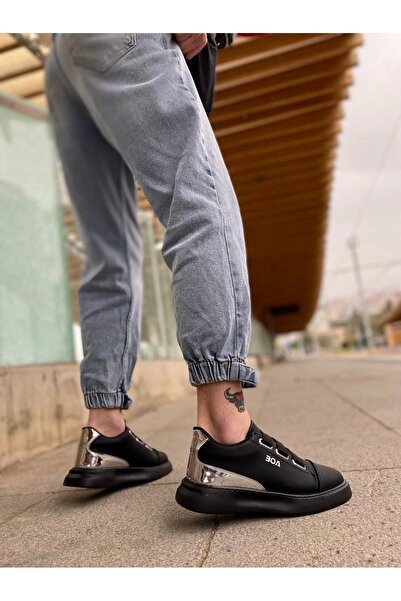 BOA BA0329 3 Bant Siyah Tabanlı Gümüş Detaylı Kalın Taban Casual Erkek Ayakkabı