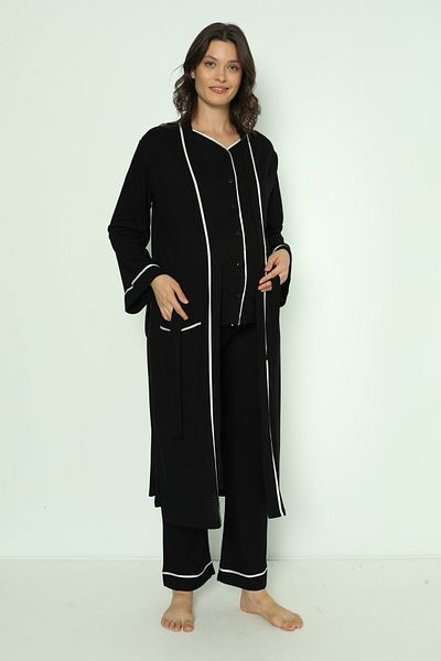 Miss Dünya Lissa Black Buttoned Front Long Maternity and Maternity Pajamas Set