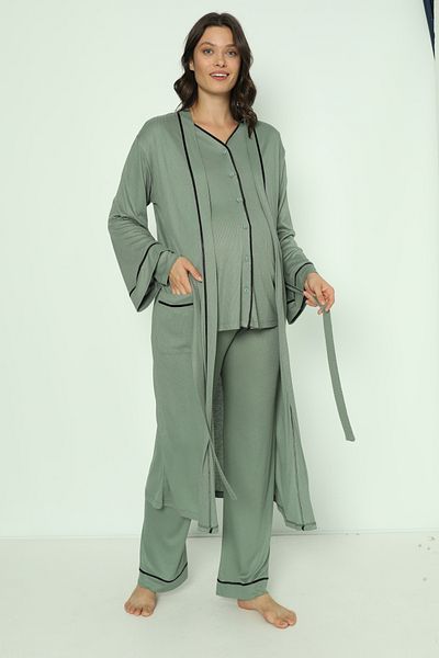 Miss Dünya Lissa Green Front Buttoned Maternity and Maternity Pajamas Set with Long Dressing Gowns