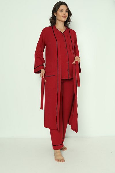 Miss Dünya Lissa Claret Red Buttoned Front Long Maternity and Maternity Pajamas Set