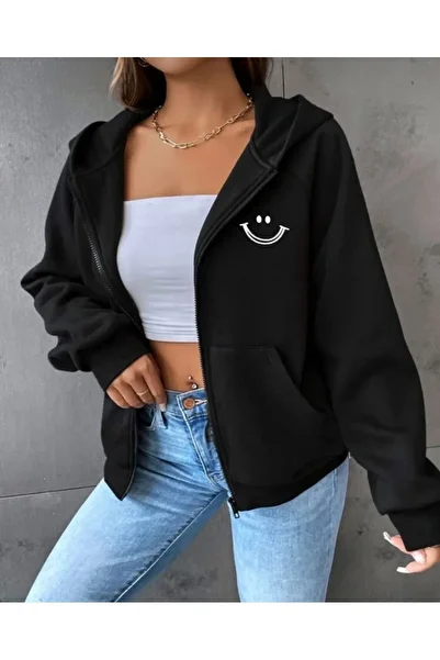 SELENA BUTİK Unisex Black Emoji Printed Zipper Cardigan