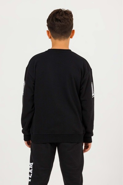 Hopi Kids Черен пуловер за момче 10-11 години - кръгло деколте и ръкави с щампа