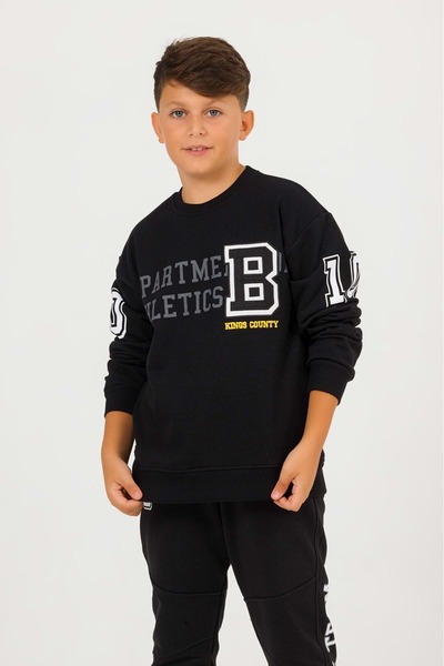 Hopi Kids Черен пуловер за момче 10-11 години - кръгло деколте и ръкави с щампа
