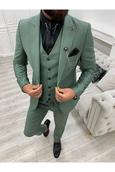 LONATOLİA Men's Suit Swallow Collar Italian Cut Slim Fit Jacket Vest Trousers-Water Green