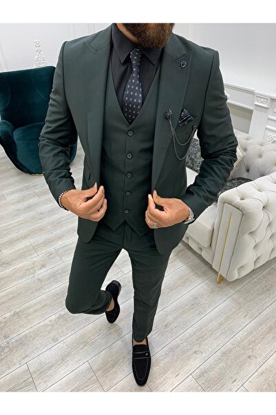 LONATOLİA Men's Suit Swallow Collar Italian Cut Slim Fit Jacket Vest Pants-Khaki