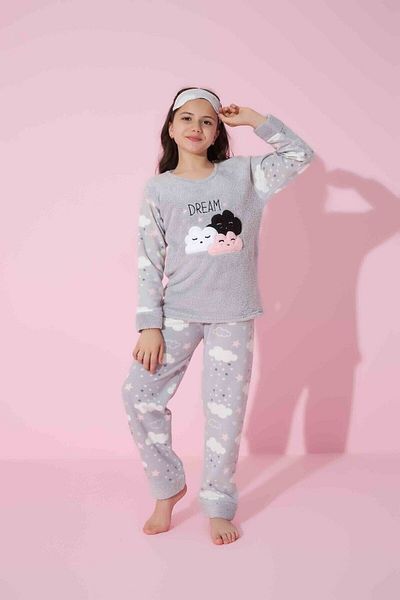 Tarık Girl, Teenager and Child Cloud Patterned Long Sleeve Fleece Plush Fabric Winter Warm Pajama Set