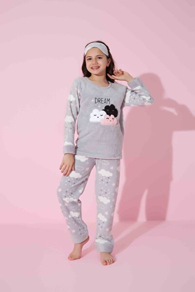 Tarık Kız Genç Ve Çocuk Bulut Desenli Uzun Kollu Polar Peluş Kumaş Kışlık Sıcak Tutan Pijama Takımı