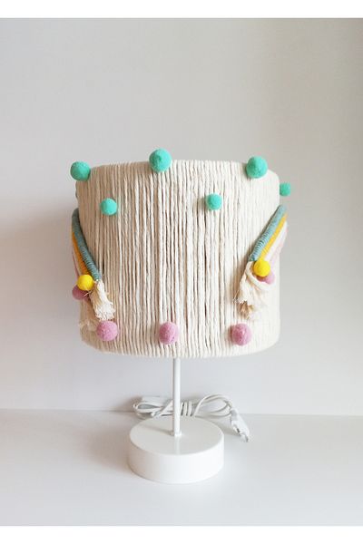 C&A&B KUZEY AVİZE Ecru Colored Cylinder Macrame Rope Wrap Rainbow - Mint Pink Pompom Baby Girl Child Room Lampshade