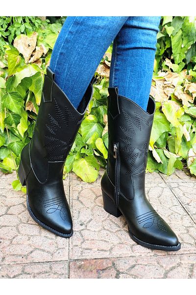 EPTC Women's Black Leather Embroidered Zippered Western Cowboy Boots Scalloped Feet Should Buy 1 Size Larger