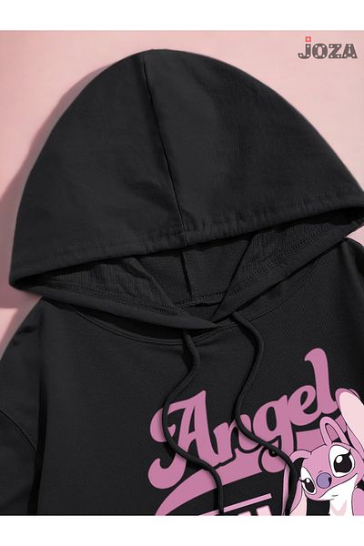 Joza Outdoors Unisex Γυναικείες Ανδρικές Basic Lilo Angel Stitch με εμπριμέ ασπρόμαυρο φούτερ Fleece με κουκούλα