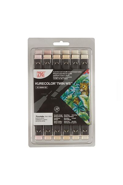 Zig Kurecolor Twin S Marker Kc3000 Double Tip Graphic Marker Set Neutral & Natural Colors 12 Colors