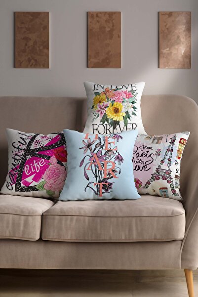 Şah Dekor Калъфка за възглавница от 4 части с дигитален печат в синьо, червен...