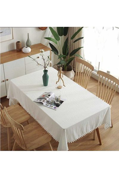 eyma home 100% cotton kumas pom-pom tablecloth (160*220cm)